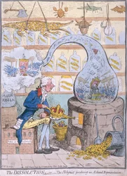 The Dissolution, or the Alchymist producerer en Aetherial Repræsentation, udgivet af Hannah Humphrey i 1796 (håndfarvet radering)